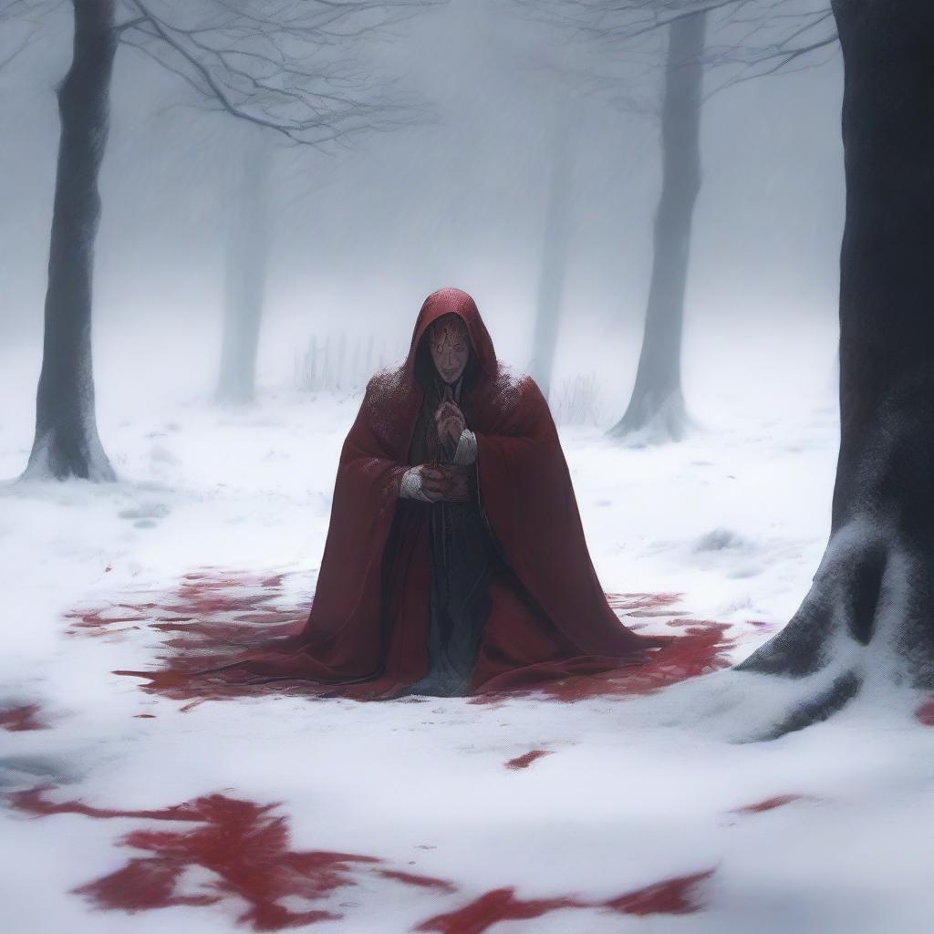 A fallen priest in the white snow with blood around him