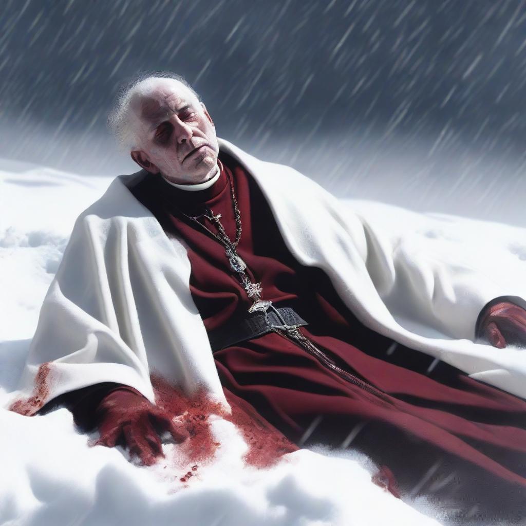 A priest lying in the white snow with blood around him