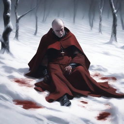 A priest lying in the white snow with blood around him