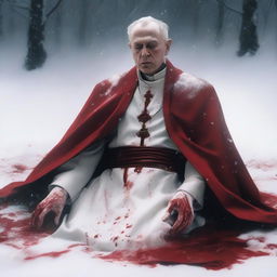 A priest lying in the white snow with blood around him