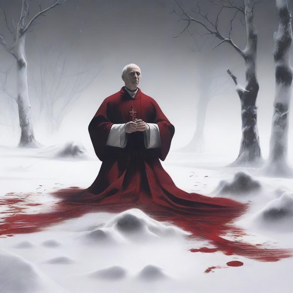 A priest lying in the white snow with blood around him