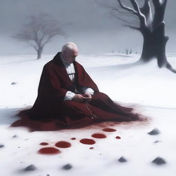 A priest lying in the white snow with blood around him, captured from a distant angle