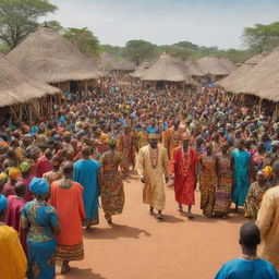 An African village scene in high definition, showcasing the King and his wife being celebrated by a large crowd of villagers. Traditional clothing, vibrant colors, and indigenous architecture are prominently featured.