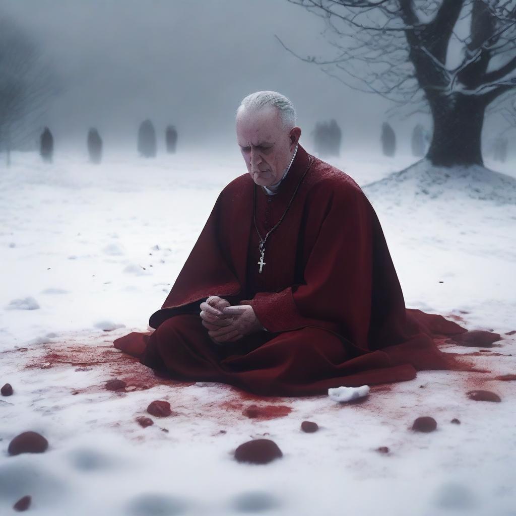 A priest lying in the white snow with blood around him, captured from a distant angle