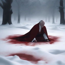 A priest lying in the white snow with blood around him, captured from a distant angle