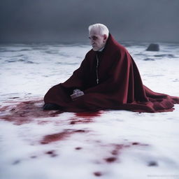 A priest lying in the white snow with blood around him, captured from a distant angle