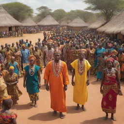 An African village scene in high definition, showcasing the King and his wife being celebrated by a large crowd of villagers. Traditional clothing, vibrant colors, and indigenous architecture are prominently featured.