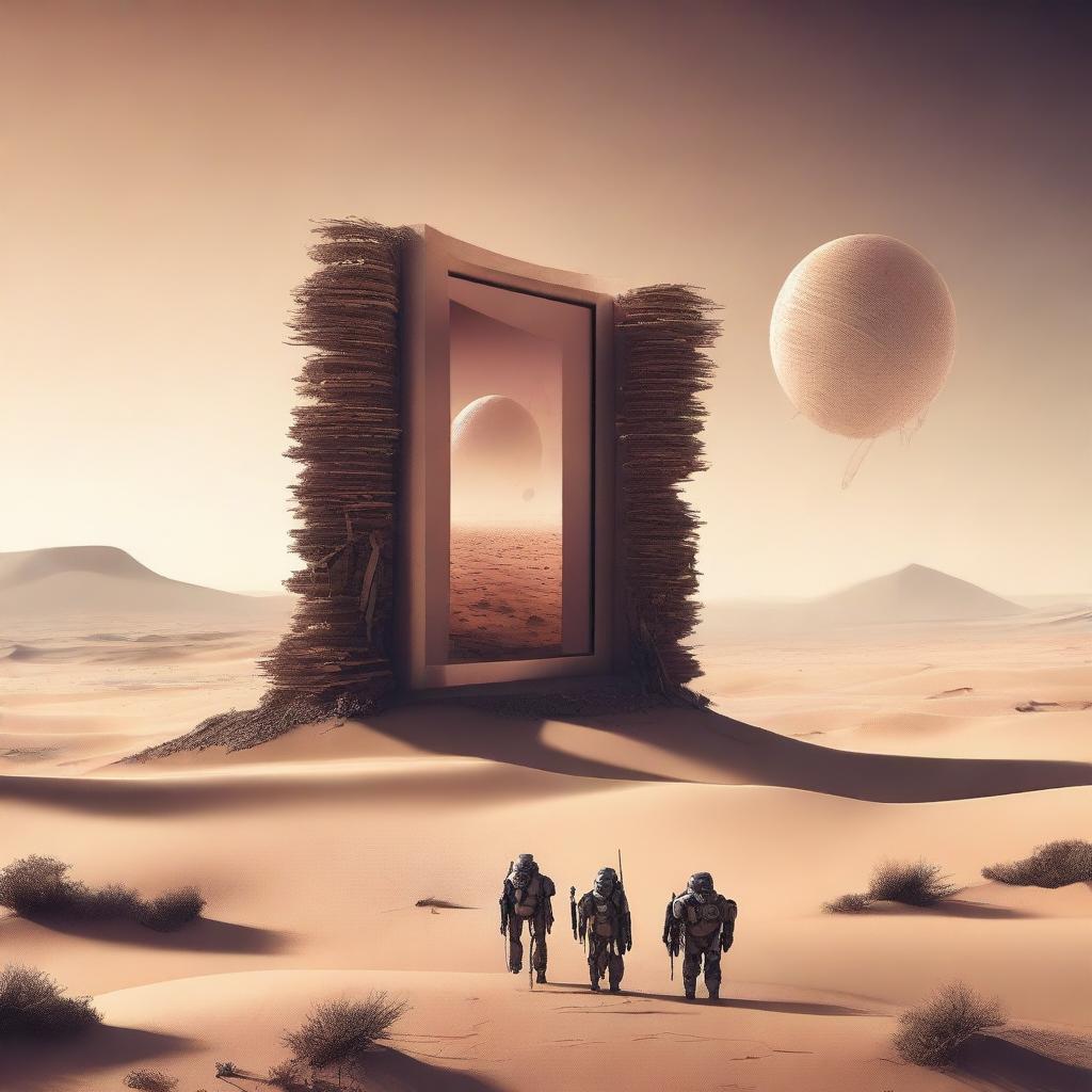 Create a book cover featuring an abstract representation of a futuristic technological dystopian desert environment