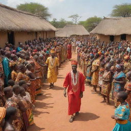 An African village scene in high definition, showcasing the King and his wife being celebrated by a large crowd of villagers. Traditional clothing, vibrant colors, and indigenous architecture are prominently featured.