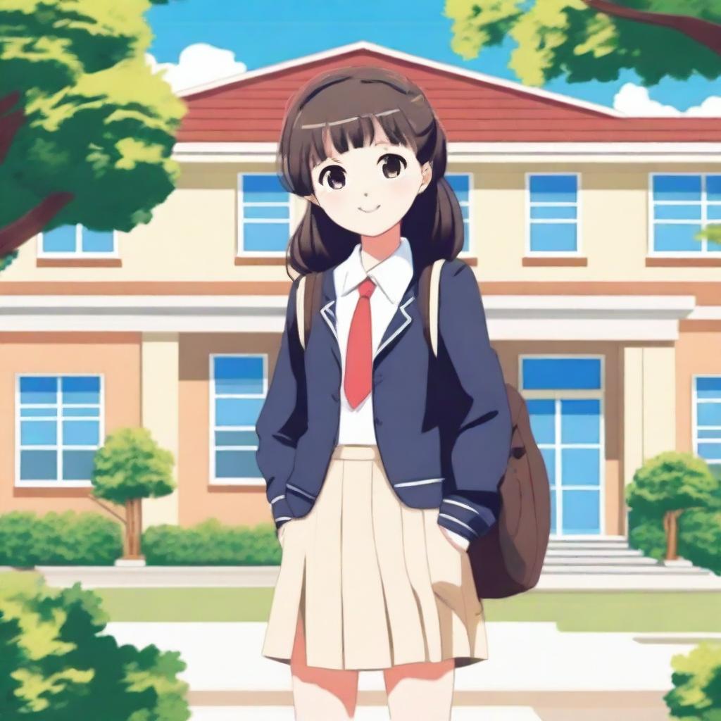 A detailed illustration of a school girl wearing a traditional school uniform, standing in front of a school building