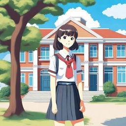 A detailed illustration of a school girl wearing a traditional school uniform, standing in front of a school building