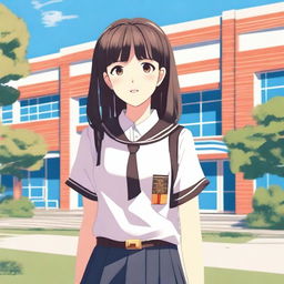 A detailed illustration of a school girl wearing a traditional school uniform, standing in front of a school building