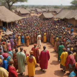 An African village scene in high definition, showcasing the King and his wife being celebrated by a large crowd of villagers. Traditional clothing, vibrant colors, and indigenous architecture are prominently featured.