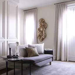 An elegantly designed living room with modern furniture, neutral color palette and dramatic lighting fixtures.