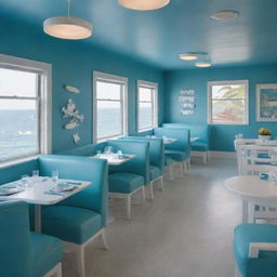 Design a fish-themed restaurant with furniture in hues of blue, white, and turquoise.