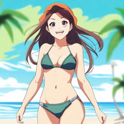 A beautiful smiling anime lady with an athletic build, wearing a stylish bikini, enjoying a sunny day at the beach