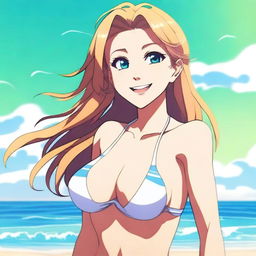 A beautiful smiling anime lady with an athletic build, wearing a stylish bikini, enjoying a sunny day at the beach