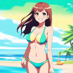 A beautiful smiling anime lady with an athletic build, wearing a stylish bikini, enjoying a sunny day at the beach