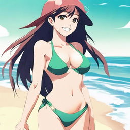 A beautiful smiling anime lady with an athletic build, wearing a stylish bikini, enjoying a sunny day at the beach