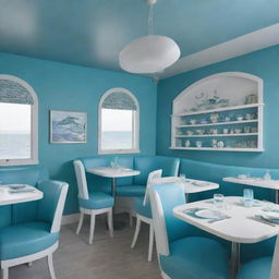 Design a fish-themed restaurant with furniture in hues of blue, white, and turquoise.