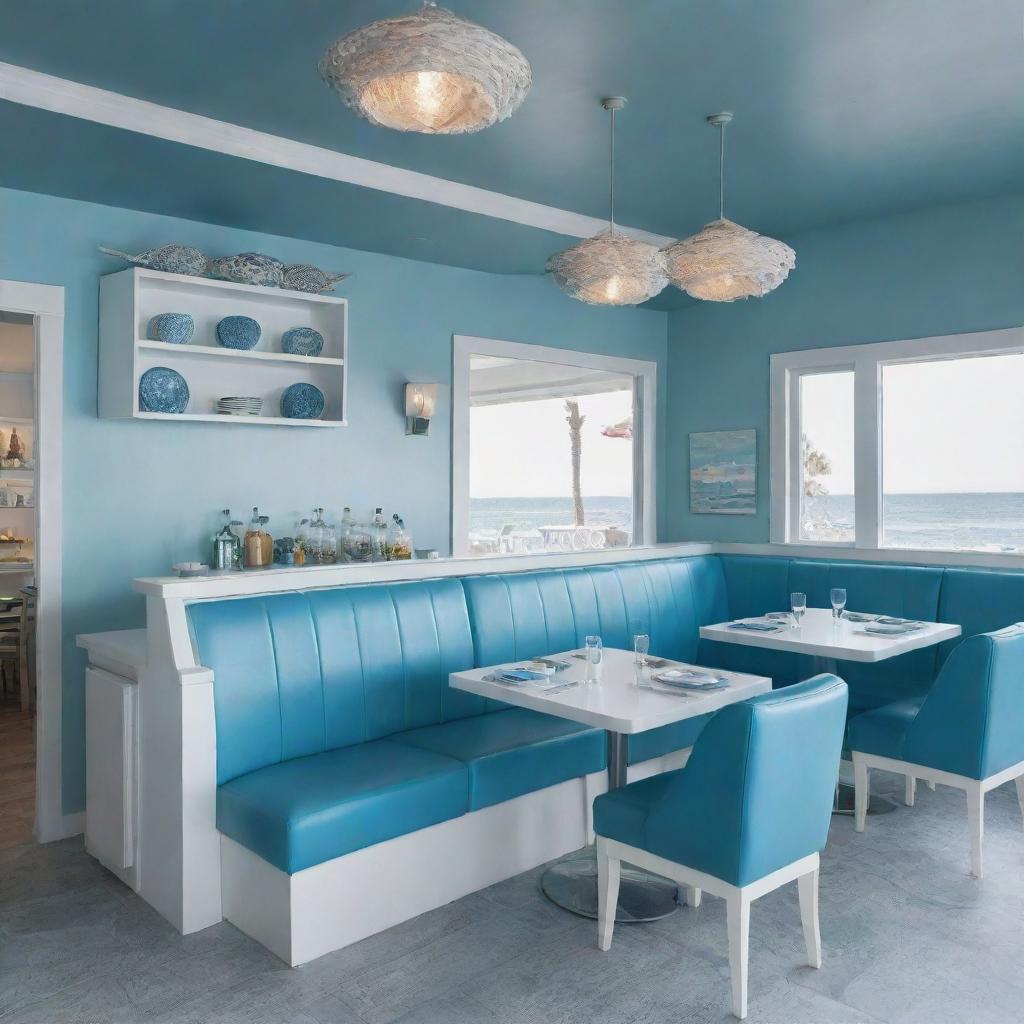 Design a fish-themed restaurant with furniture in hues of blue, white, and turquoise.