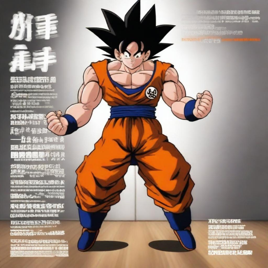 Goku from Dragonball Z performing an intense workout in a gym setting, surrounded by motivational gym quotes on the walls