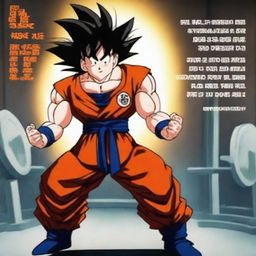 Goku from Dragonball Z performing an intense workout in a gym setting, surrounded by motivational gym quotes on the walls