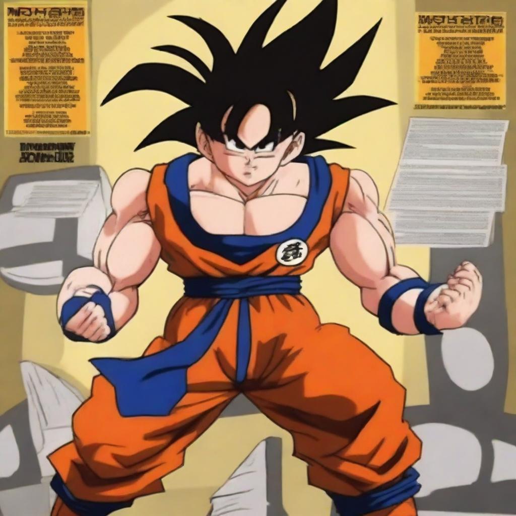 Goku from Dragonball Z performing an intense workout in a gym setting, surrounded by motivational gym quotes on the walls