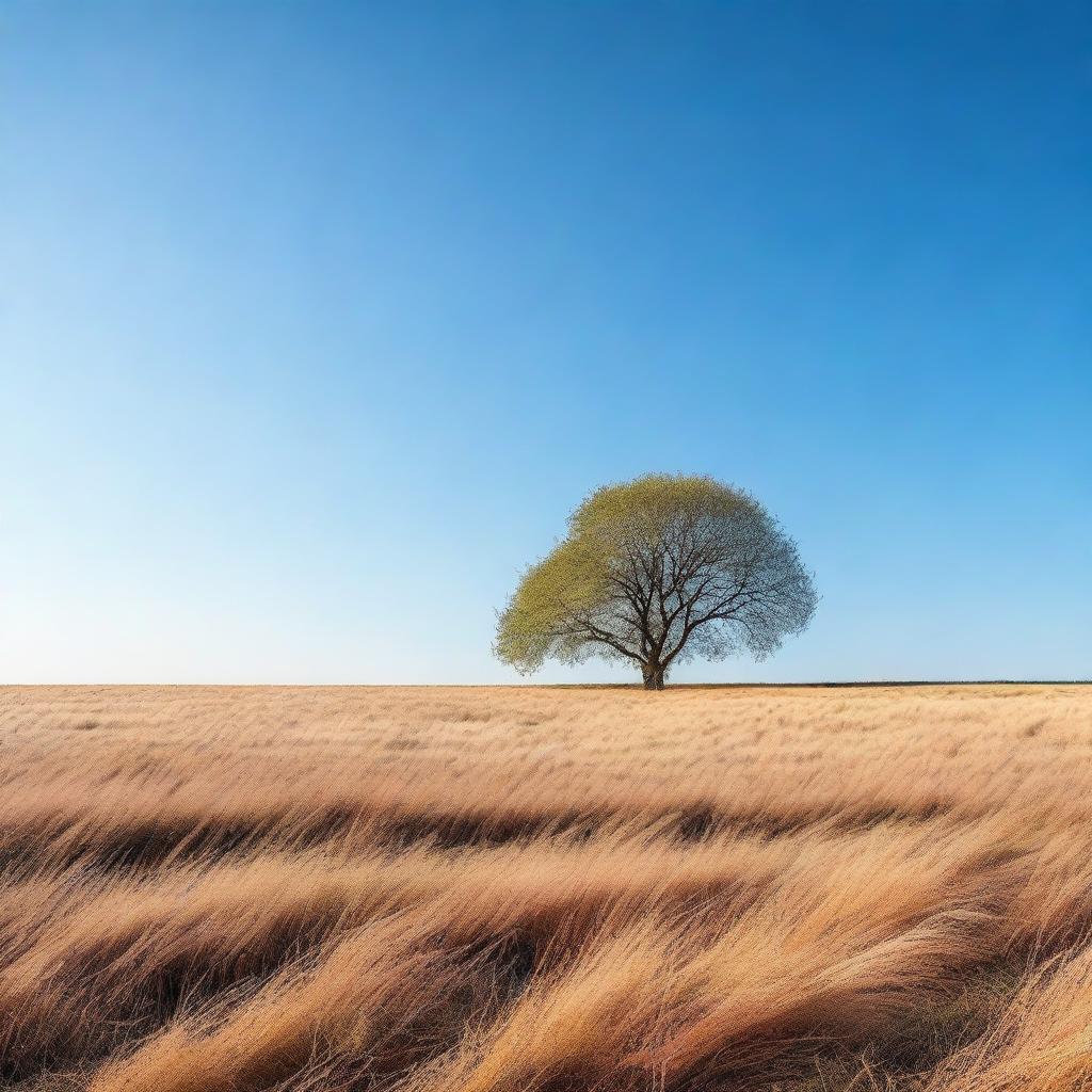 A serene and peaceful empty scene with a clear blue sky and an open field