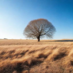 A serene and peaceful empty scene with a clear blue sky and an open field