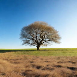 A serene and peaceful empty scene with a clear blue sky and an open field