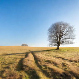 A serene and peaceful empty scene with a clear blue sky and an open field