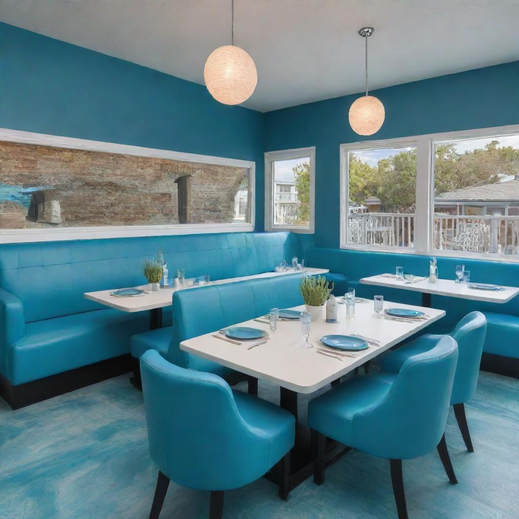 Visualize a fish-themed restaurant with furniture color ratios of 20% blue, 75% white, and 5% turquoise.