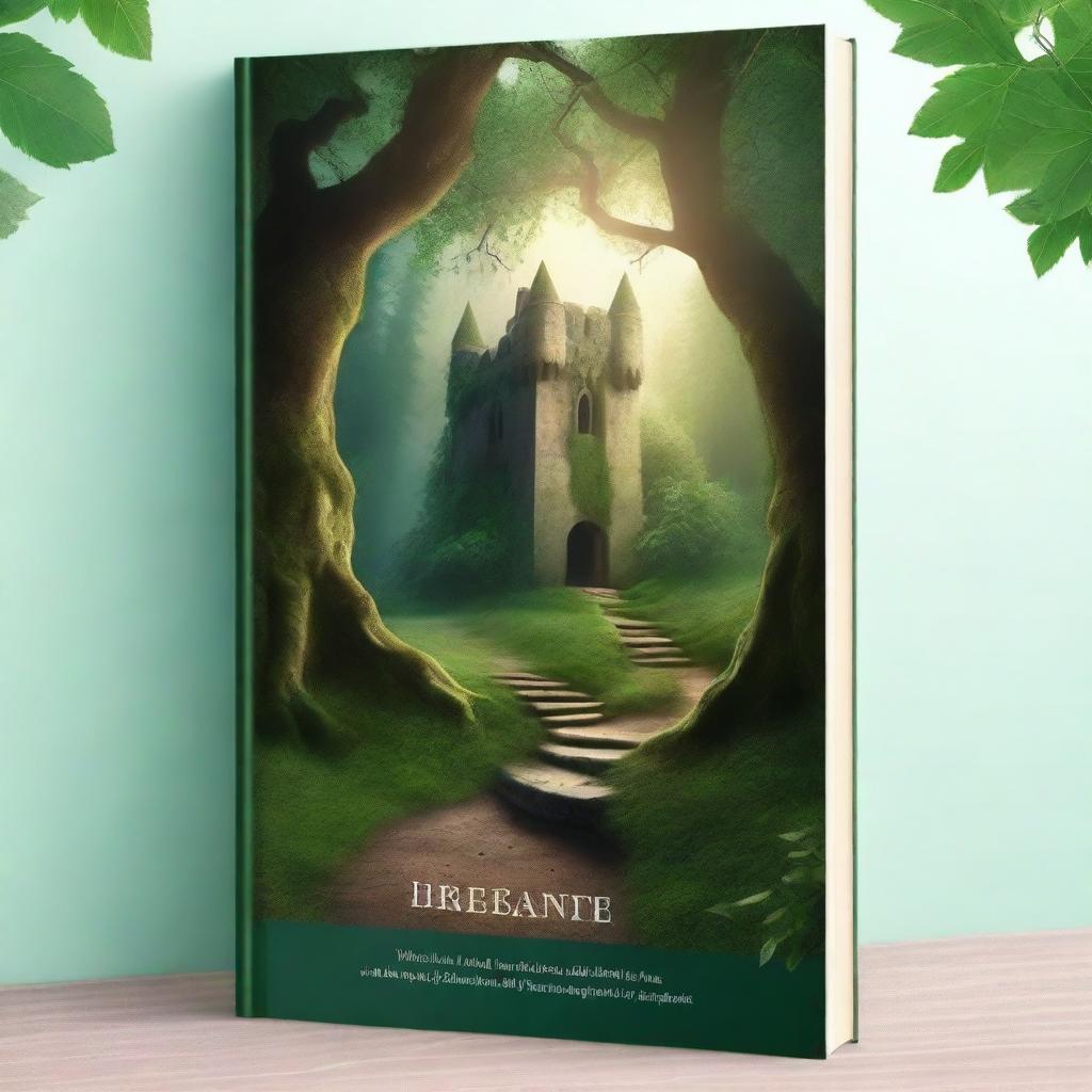 Create a captivating book cover featuring an enchanting forest with a mysterious pathway leading to an ancient castle