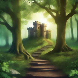 Create a captivating book cover featuring an enchanting forest with a mysterious pathway leading to an ancient castle