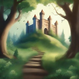 Create a captivating book cover featuring an enchanting forest with a mysterious pathway leading to an ancient castle