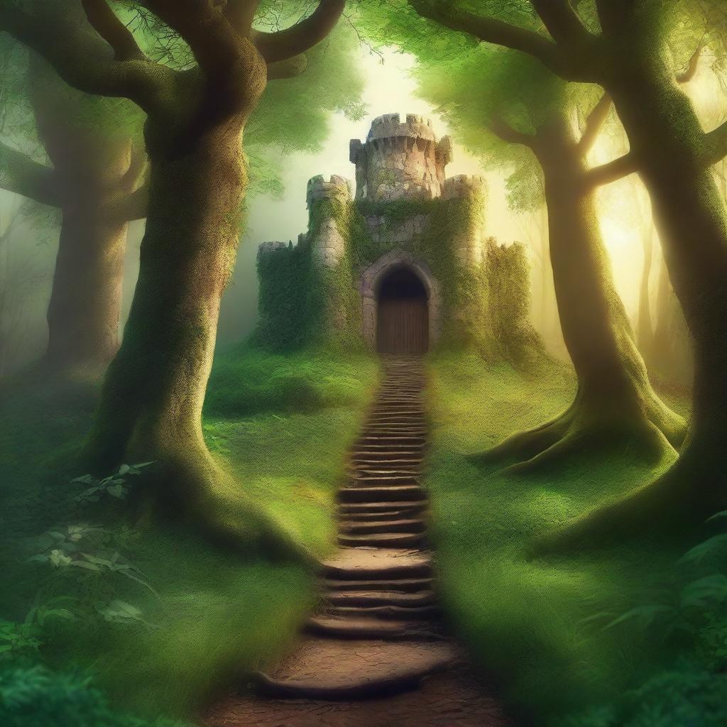 Create a captivating book cover featuring an enchanting forest with a mysterious pathway leading to an ancient castle