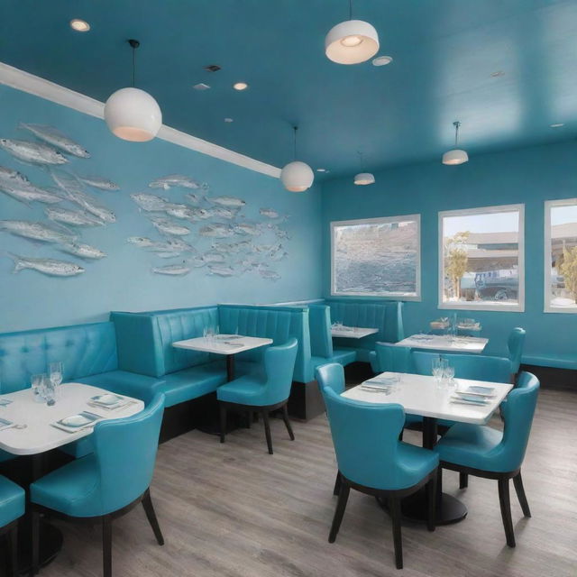 Visualize a fish-themed restaurant with furniture color ratios of 20% blue, 75% white, and 5% turquoise.