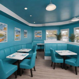 Visualize a fish-themed restaurant with furniture color ratios of 20% blue, 75% white, and 5% turquoise.