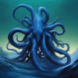 A detailed image of a Dungeons & Dragons aboleth swimming in dark blue waters