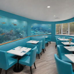 Visualize a fish-themed restaurant with furniture color ratios of 20% blue, 75% white, and 5% turquoise.