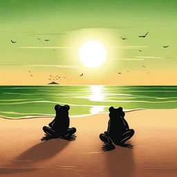 A serene beach scene at sunset with green and black tones