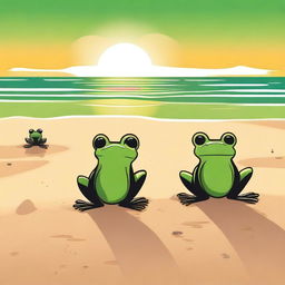 A serene beach scene at sunset with green and black tones, illustrated in a cartoon style