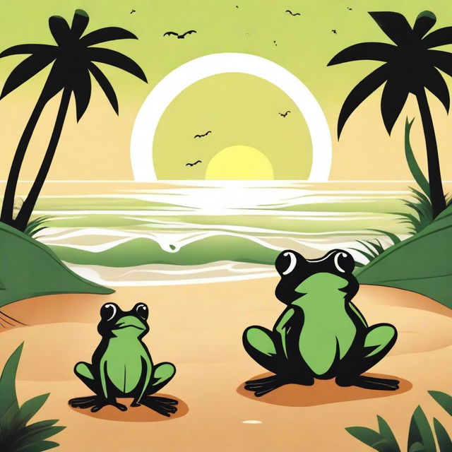 A serene beach scene at sunset with green and black tones, illustrated in a cartoon style