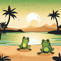 A serene beach scene at sunset with green and black tones, illustrated in a cartoon style