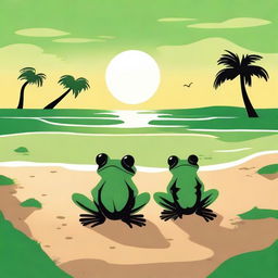 A serene beach scene at sunset with green and black tones, illustrated in a cartoon style