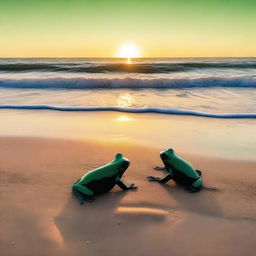 A serene beach scene at sunset with green and black tones