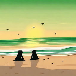 A serene beach scene at sunset with green and black tones