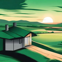 A serene scene featuring green and black tones with a vision of a roof