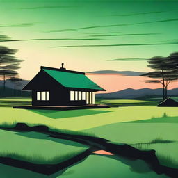 A serene scene featuring green and black tones with a vision of a roof